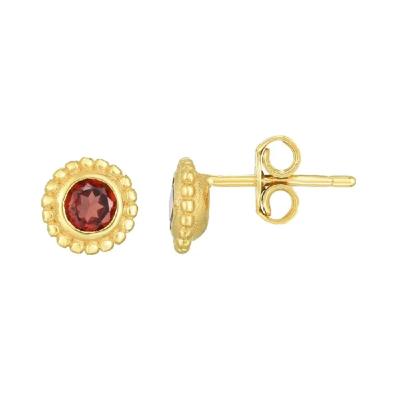 Tarnish Resistant Stud Earrings for Longevity -14k Yellow Gold Beaded Edge Garnet Stud Earrings