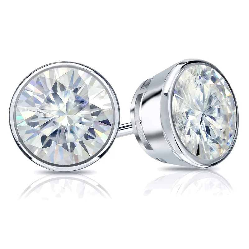 Stud Earrings with Wave Designs -Auriya 1ctw Round Bezel-set Moissanite Stud Earrings Platinum - 5 mm