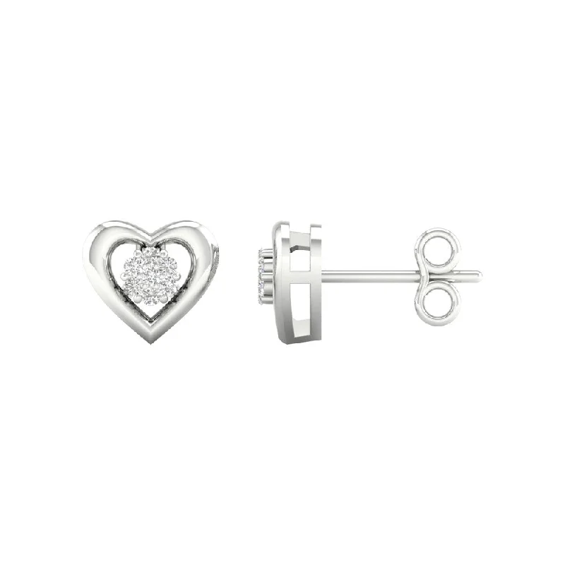 Push Back Stud Earrings for Convenience -1/20ct TDW Diamond Cluster Heart Stud Earrings in Sterling Silver by De Couer