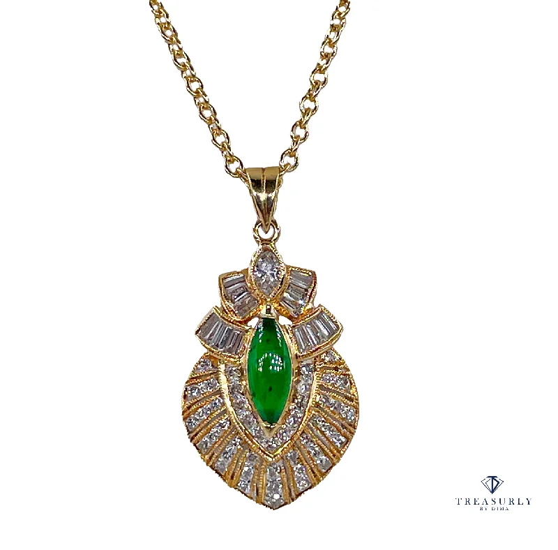 Best necklaces and pendants with intertwined designs for a symbol of unity-Natural UNTREATED GIA Omphacite Jade 18K Vintage Pendant of "Imperial" Color with Diamonds, 1980s