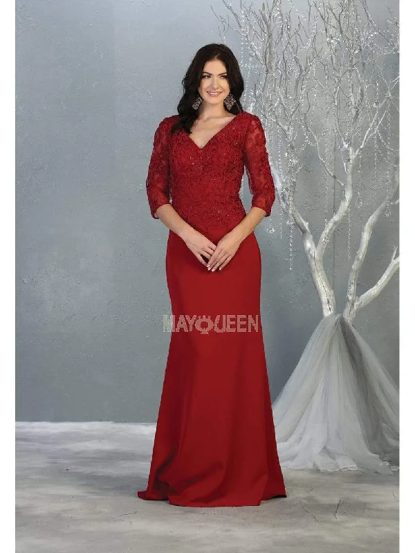 Plus size dresses with scoop necklines feel classic -May Queen - MQ1783 Quarter Sleeve Lace Appliqued Trumpet Dress