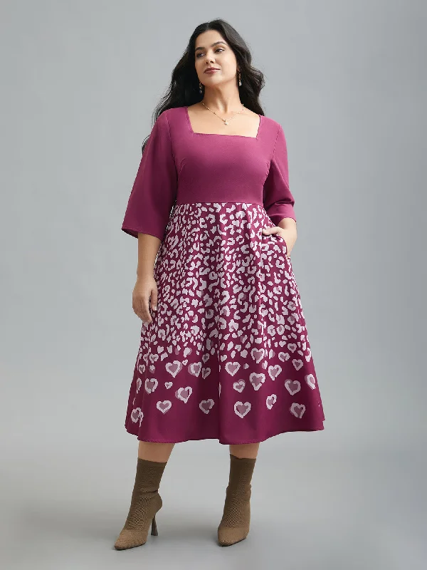 Plus size dresses with side ties cinch nicely -Square Neck Contrast Boho Print Midi Dress