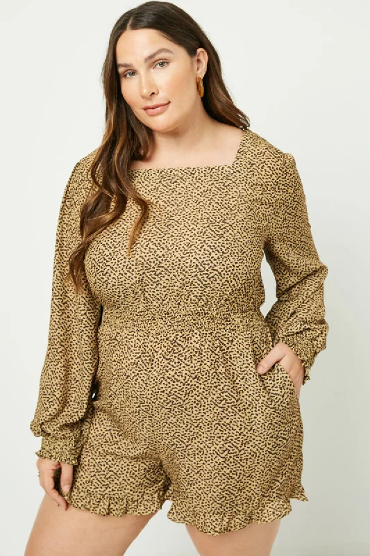 Plus size dresses for special occasions dazzle effortlessly -Printed Long Sleeve Smock Waist Romper