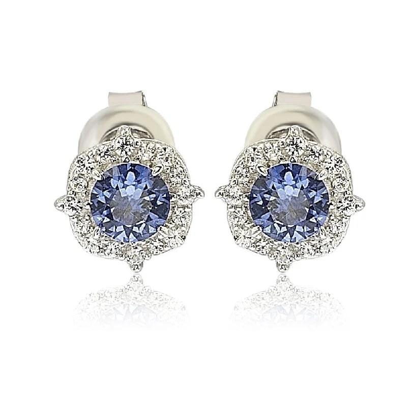 Hypoallergenic Stud Earrings for Sensitive -Suzy Levian Sterling Silver Sapphire 0.66cttw Halo Stud Earrings