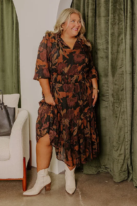 Plus size dresses featuring satin finishes feel smooth -Autumn Encounters Floral Midi Curves