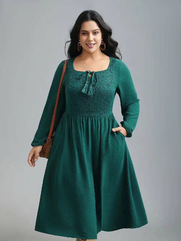 Plus size dresses with playful details add charm -Lace Neck Detail Tassels Midi Dress