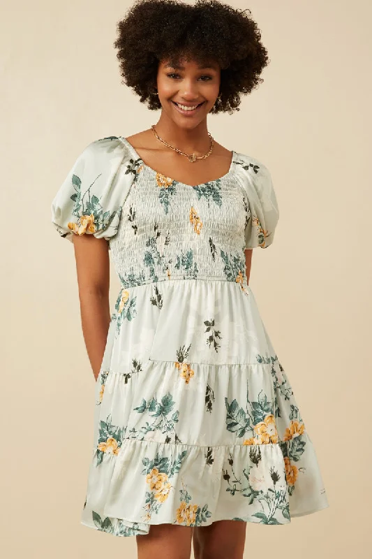 Plus size dresses with simple cuts stay timeless -Women Romantic Floral Smocked Sheen Dress