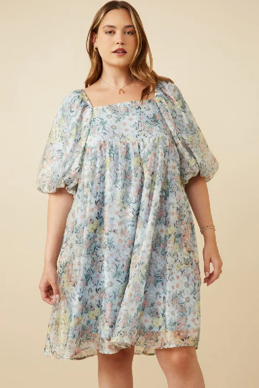 Plus size dresses for casual Fridays stay relaxed -Floral Organza Puff Sleeve Dress