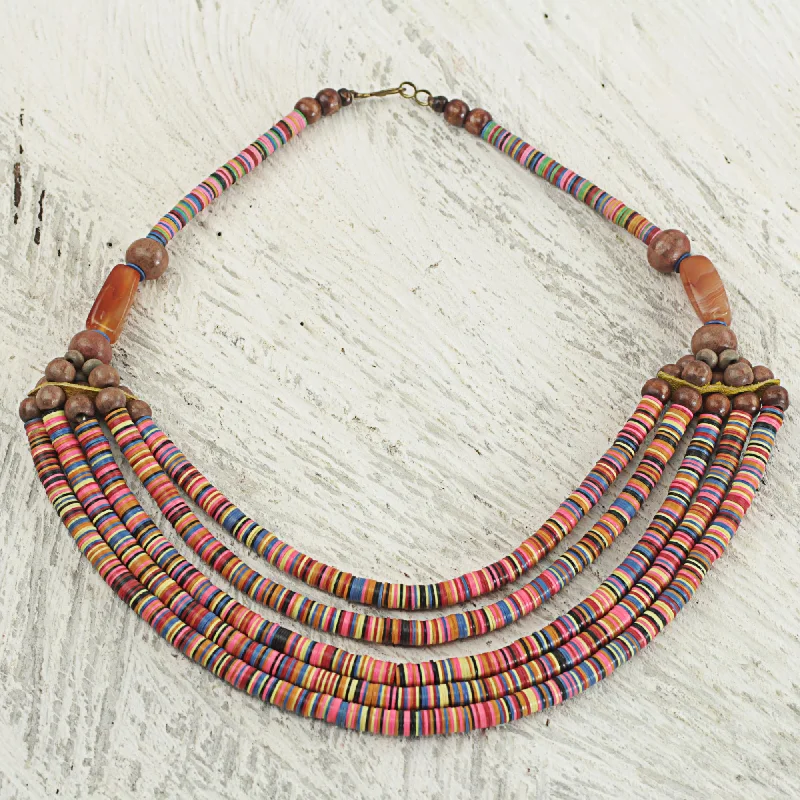 Necklaces and pendants with leaf-shaped designs for an earthy, organic feel-Multicolor Wend Panga Artisan Multicolor Bead Necklace with Wood Agate and Leather