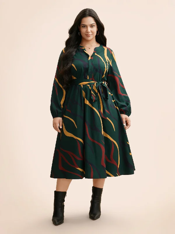 Plus size dresses in soft fabrics feel cozy -Notched Geometric Belted Midi Dress