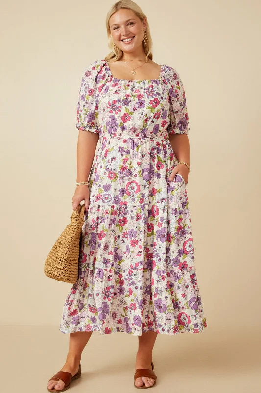 Plus size dresses for rainy days stay practical -Retro Floral Smocked Square Neck Dress