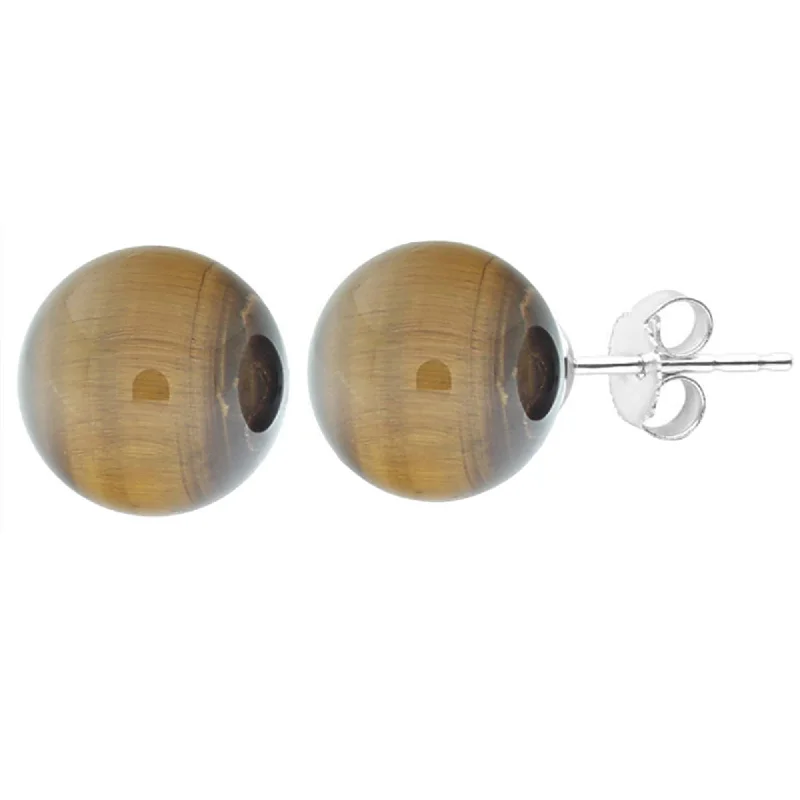 Stud Earrings for Fitness Activities -Sterling Silver Bead Tiger Eye Ball Stud Earrings