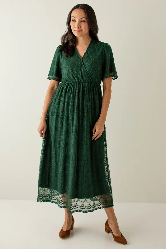 Trendy plus size dresses with bold prints stand out -'Arabella' Embroidered Mesh Surplice Midi Dress