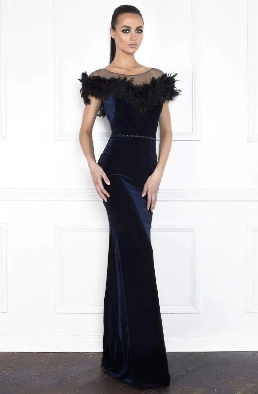 Plus size dresses with soft linings pamper skin -Nicole Bakti - 6851 Illusion Feather Ornate Velvet Sheath Gown