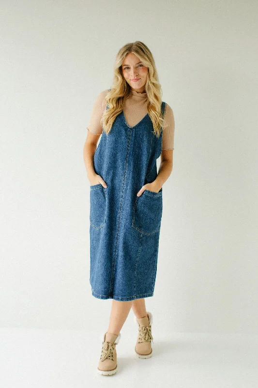 Plus size dresses with jewel tones dazzle quietly -'Ford' Denim Overall Midi Dress in Medium Wash