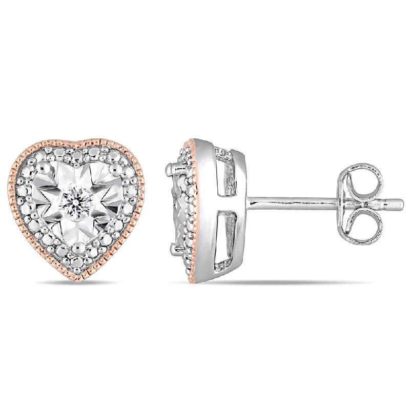 Multi Stud Earrings with Chains -Miadora 2-Tone Rose Plated and White Sterling Silver 1/10ct TDW Diamond Heart-Halo Stud Earrings