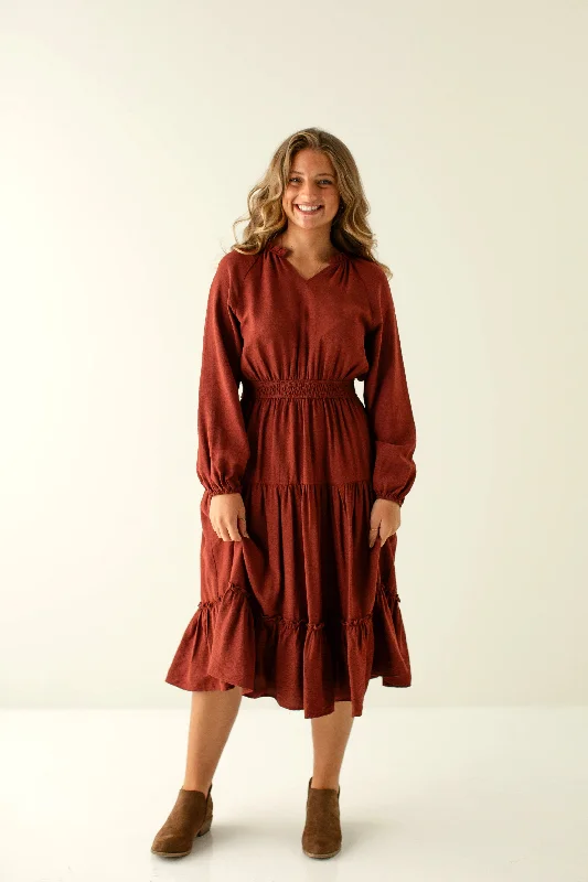 Plus size dresses for festive events shine loud -'Amber' Raglan Sleeve Tiered Midi Dress in Deep Rust FINAL SALE