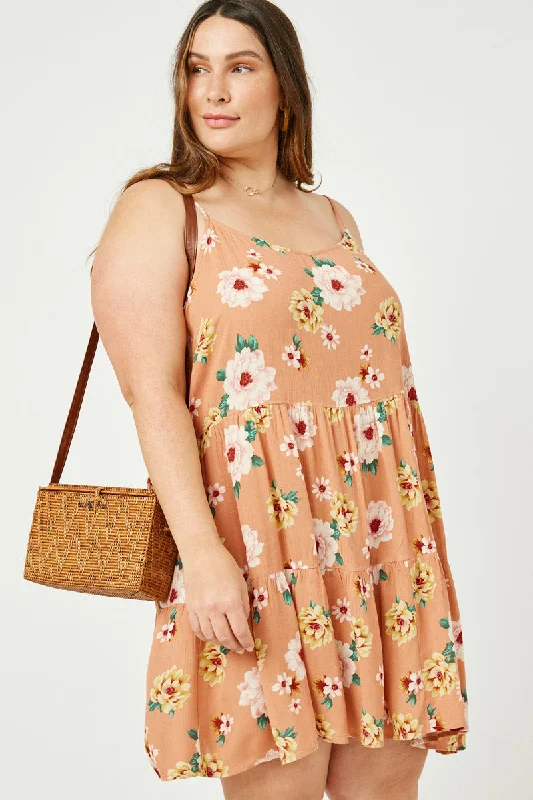 Plus size dresses with A-line cuts flatter curves -Floral Tiered Sleeveless Swing Dress