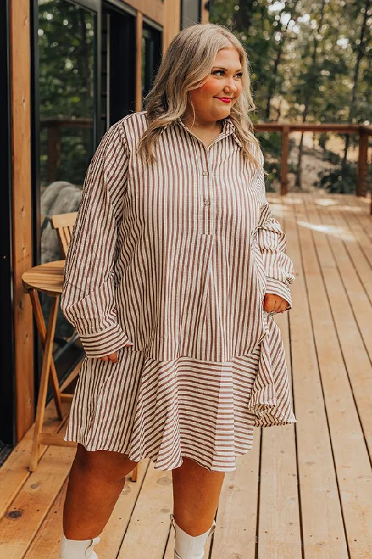 Plus size dresses for long days support fully -Stripe A Pose Mini Dress in Brown Curves