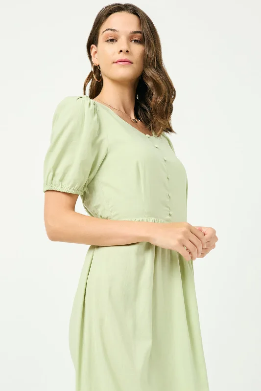 Plus size dresses for minimalist style stay clean -Buttoned Puff Sleeve Tie Back Midi Dress