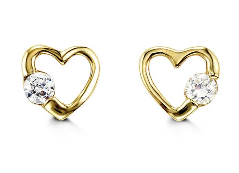 Multi Stud Earrings with Chains -14K Yellow Gold Cubic Zirconia Open Heart Kid's Stud Earrings