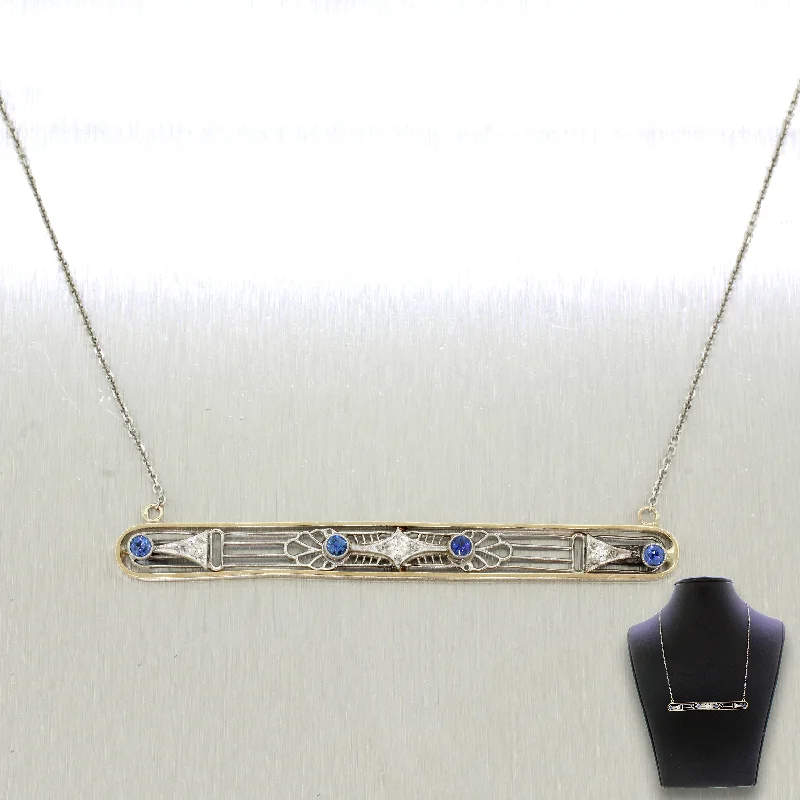 Beautiful necklaces and pendants with moon and star charms for a dreamy effect-Vintage Estate 14k Gold 0.10ctw Diamond & Tanzanite Bar Necklace