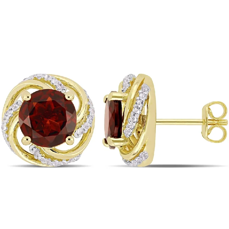 Heart Shaped Stud Earrings for Love -Miadora Yellow Gold Plated Sterling Silver Garnet & White Topaz Stud Earrings