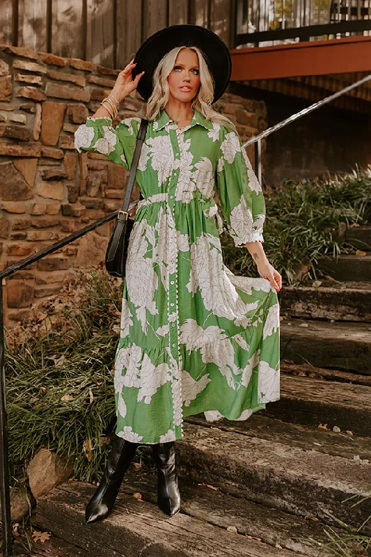 Plus size dresses for cold seasons warm up -Bistro Bound Floral Midi in Green