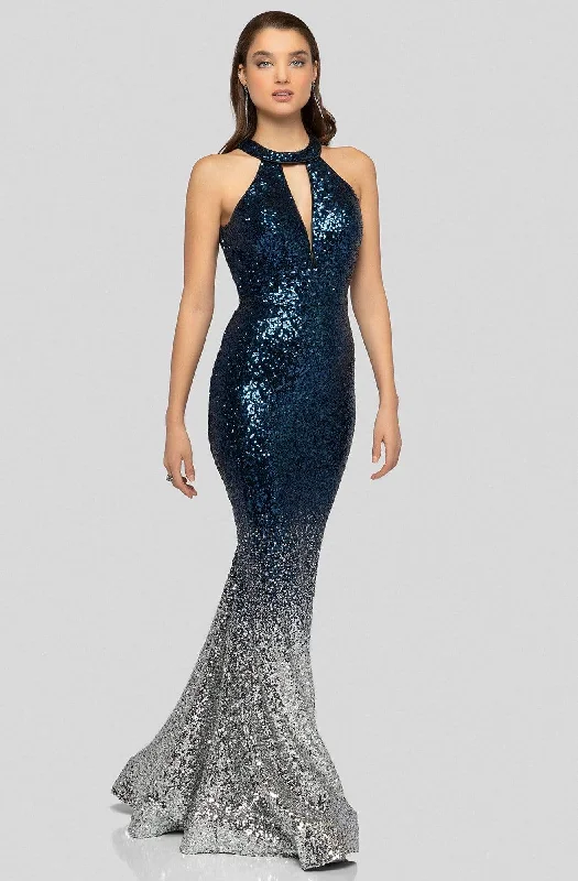 Plus size dresses for autumn days feel cozy -Terani Couture - 1911P8177 Ombre Sequined Halter Cutout Gown