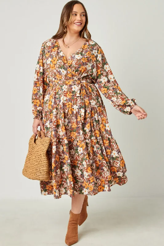 Plus size dresses with matte finishes stay subtle -Puff Sleeve Floral Print Belted Surplice Dress