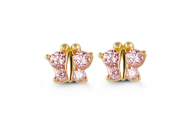 Stud Earrings with Pearls and Diamonds -14K Yellow Gold Pink Cubic Zirconia Butterfly Kid's Stud Earrings