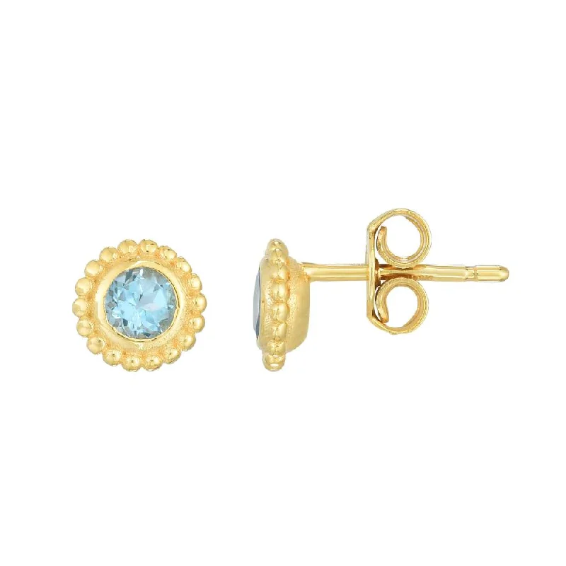 Lead Free Stud Earrings for Health -14k Yellow Gold Beaded Edge Swiss Blue Topaz Stud Earrings