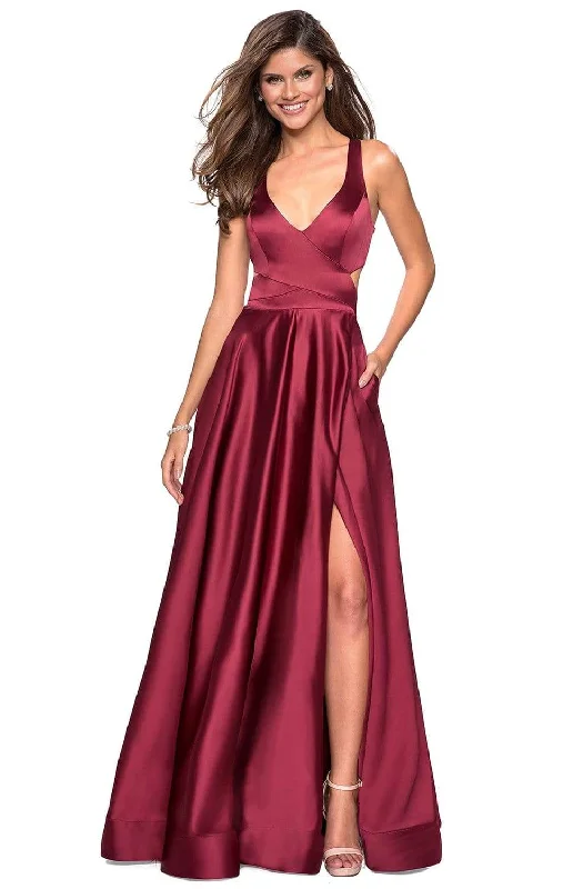 Plus size dresses for autumn days feel cozy -La Femme - 27487 Plunging Halter V-neck Satin A-line Dress