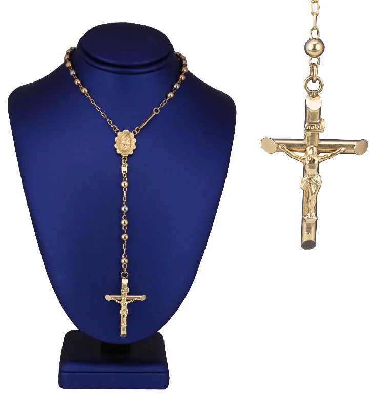 Best necklaces and pendants with layered designs for a chic, stacked look-14K Tri-Color Gold Virgin Mary Crucifix Tri Color Rosary 4mm Beaded Necklace