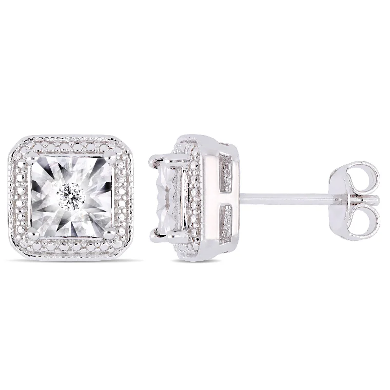 Stud Earrings for Fitness Activities -Mimi & Max Diamond Accent Square Halo Stud Earrings in Sterling Silver