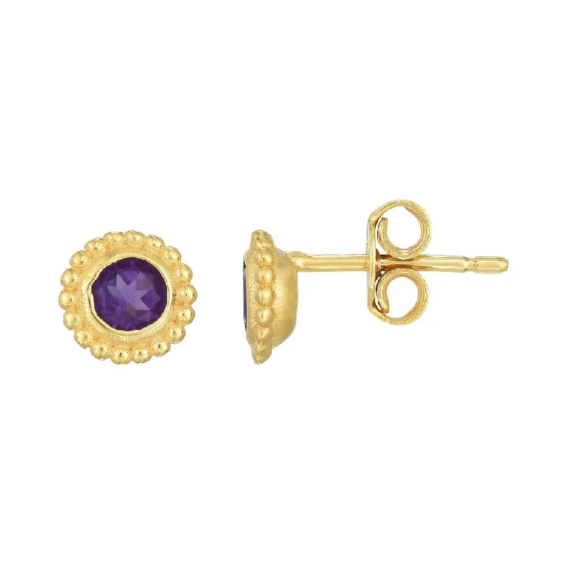 Nickel Free Stud Earrings for Safety -14k Yellow Gold Beaded Edge Amethyst Stud Earrings