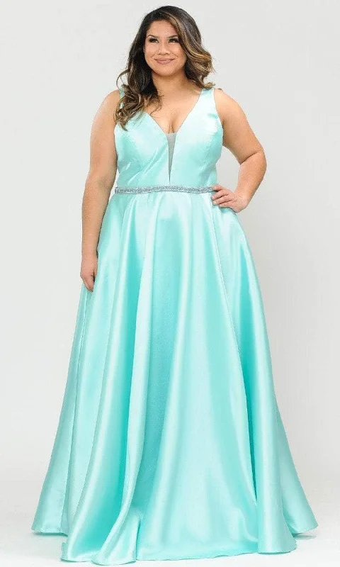 Plus size dresses with bright hues feel lively -Poly USA W1108 - Deep V-Neck Mikado Evening Gown