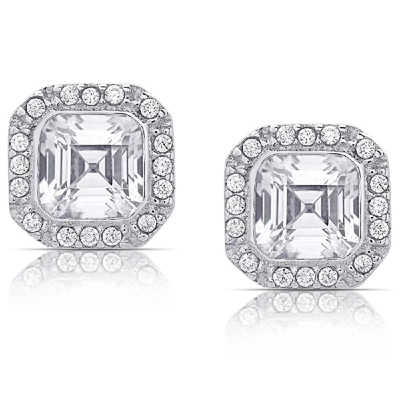 Stud Earrings with Star Motifs -Dolce Giavonna Sterling Silver Cubic Zirconia Square Halo Stud Earrings