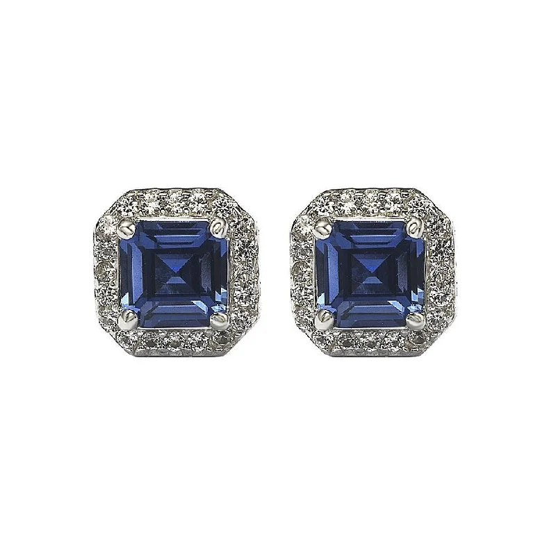 Lightweight Stud Earrings for All Day -Suzy Levian Sterling Silver Assher Cut Sapphire Halo Stud Earrings