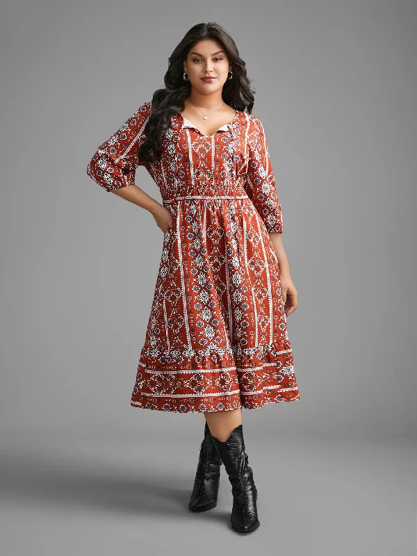 Plus size dresses with matte finishes stay subtle -Boho Print Shirred Tie Knot Midi Dress