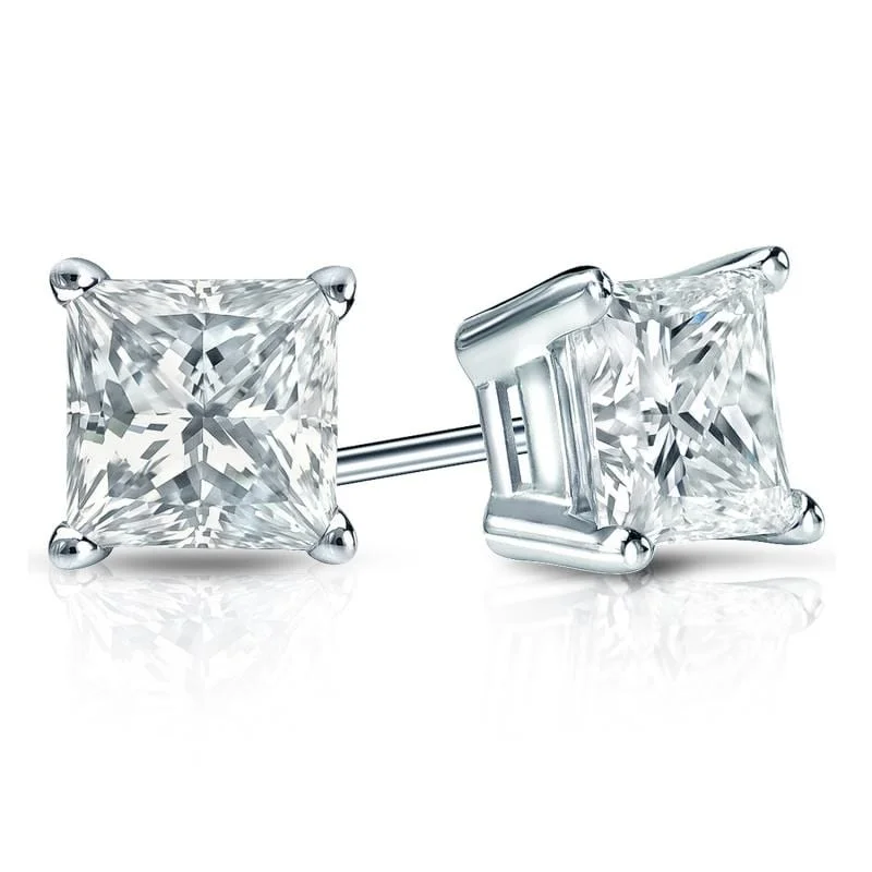 Stud Earrings with Floral Motifs -Auriya Plat Gold Lab Grown 1.50 carat TDW Princess Diamond Stud Earrings 4-Prong Basket Push-back