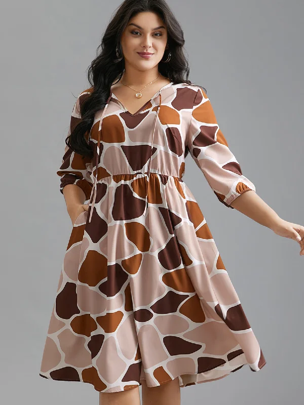 Plus size dresses featuring ombre effects look artsy -Neck-Tie Color Block Waist Cinched  Dress