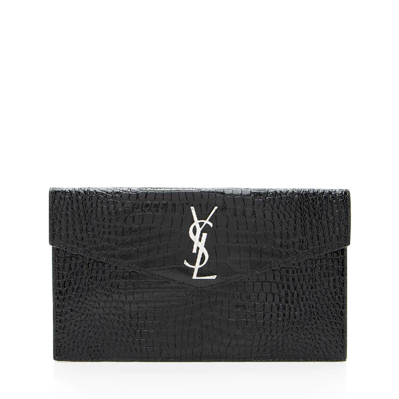 Handle bags with sturdy leather grip accents -Quilted handle bags for a luxurious touch -Saint Laurent Croc Embossed Leather Monogram Uptown Clutch