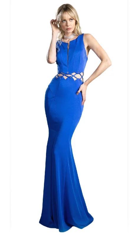 Plus size dresses with sleek finishes stay polished -Cinderella Divine - 6485 Plunging Notched Lace-Up Cutout Long Gown