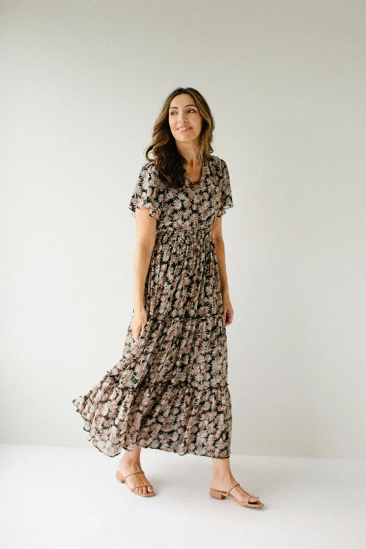 Plus size dresses with vibrant shades feel fun -'Elizabeth' Leaf Print Tiered Maxi Dress in Black