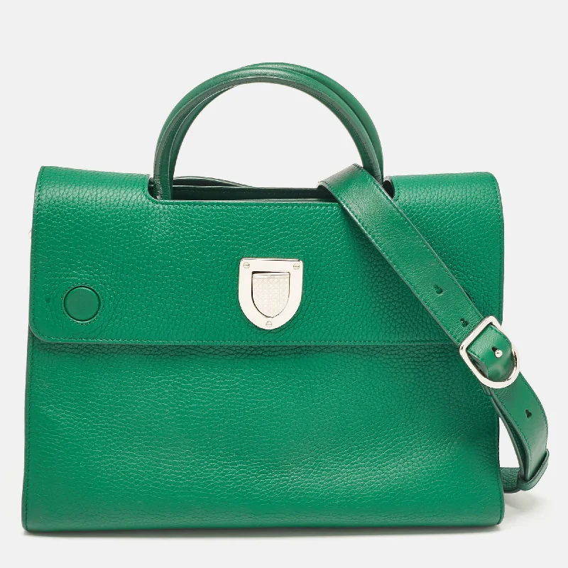 Handle bags with contrast stitching for detail -Handle bags with a metallic sheen for evening glamour -Dior Green Leather Medium Diorever Tote