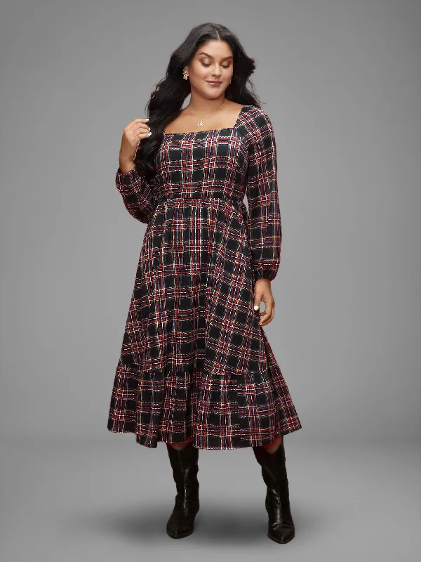 Plus size dresses for minimalist style stay clean -Plaid Square Neckline Puffy Sleeve Midi Dress