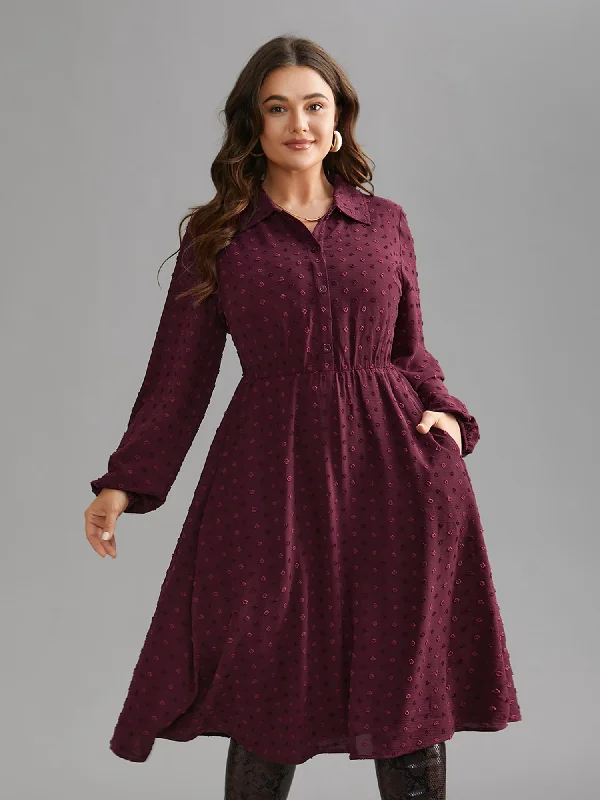 Plus size dresses for wide hips fit nicely -Textured Shirt Collar Button Front Midi Dress