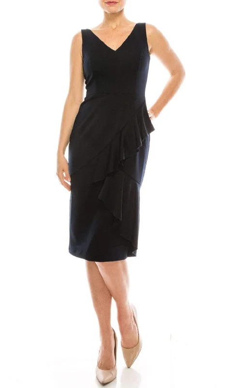 Plus size dresses with breathable fabrics stay cool -Maggy London - G3907M Sleeveless V Neck Ruffle Drape Sheath Dress