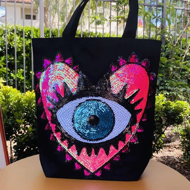 Handle bags with sturdy leather grip accents -Quilted handle bags for a luxurious touch -Evil Eye Canvas Tote Bags Pink Heart Sequins In Black